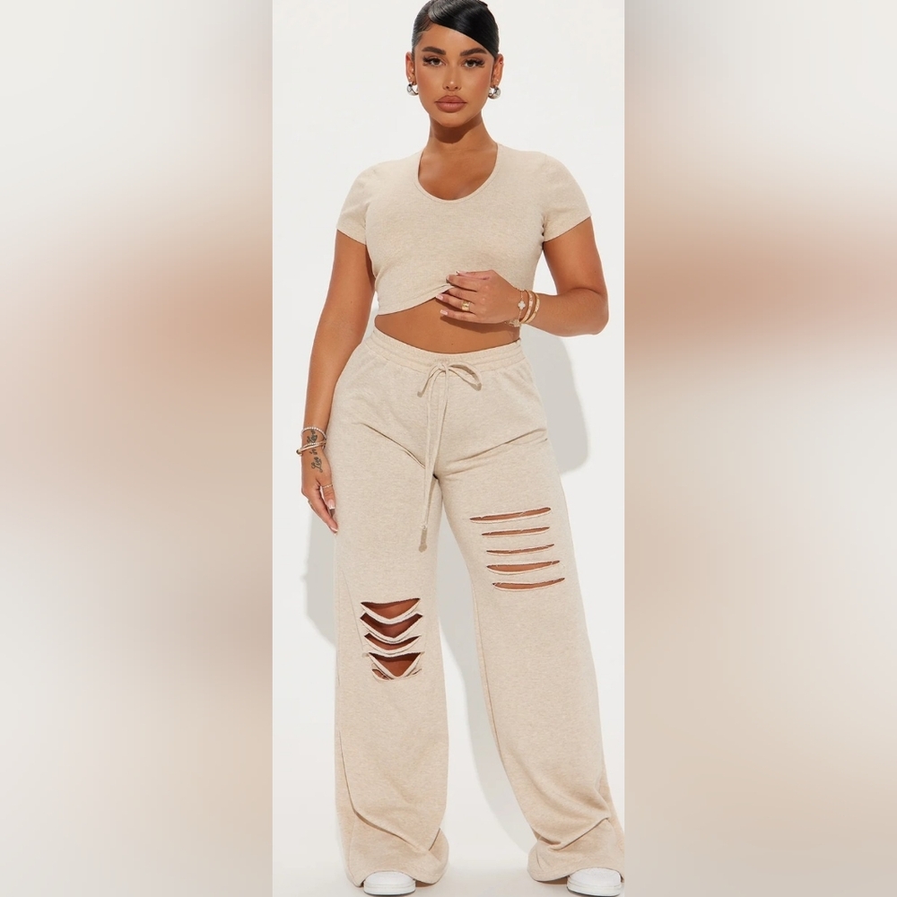 Fashion Nova Beige Distressed Wide-Leg Track Pants